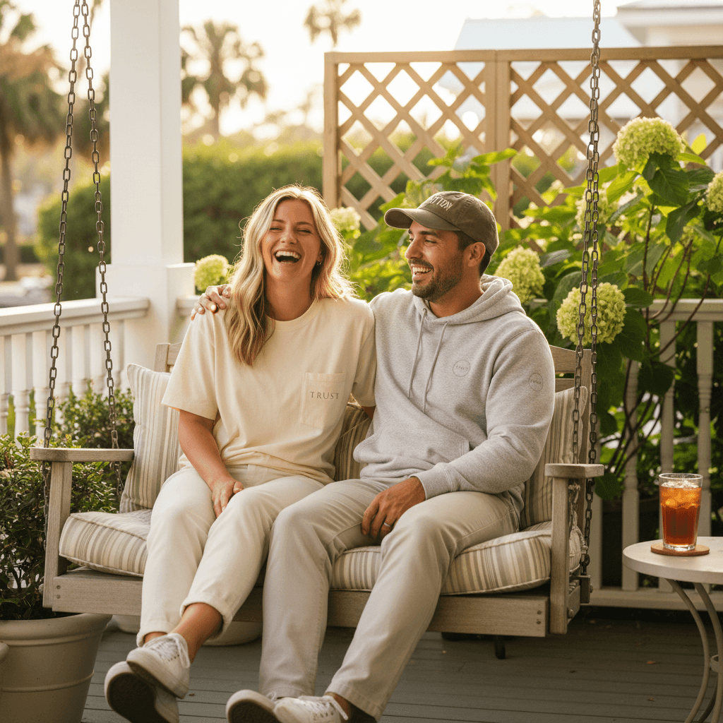 Two friends laughing on a porch swing wearing trust apparel in Bluffton