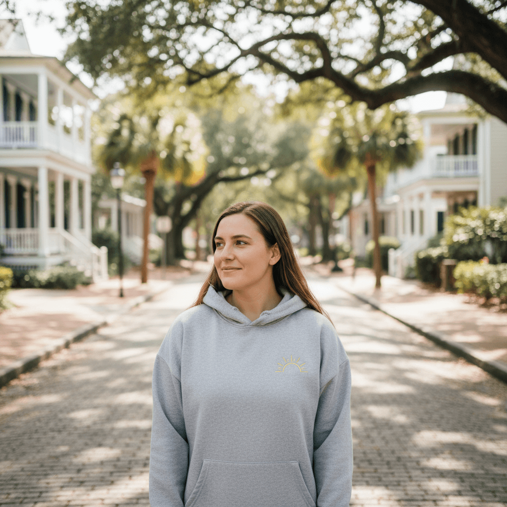 Person wearing an oversized hoodie with a sun design on a sunny Bluffton street