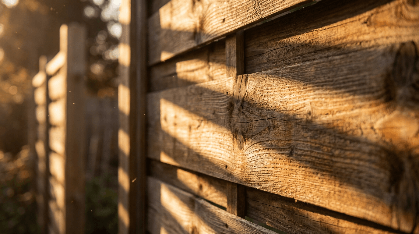 Wooden sign on fence post with blurred text
