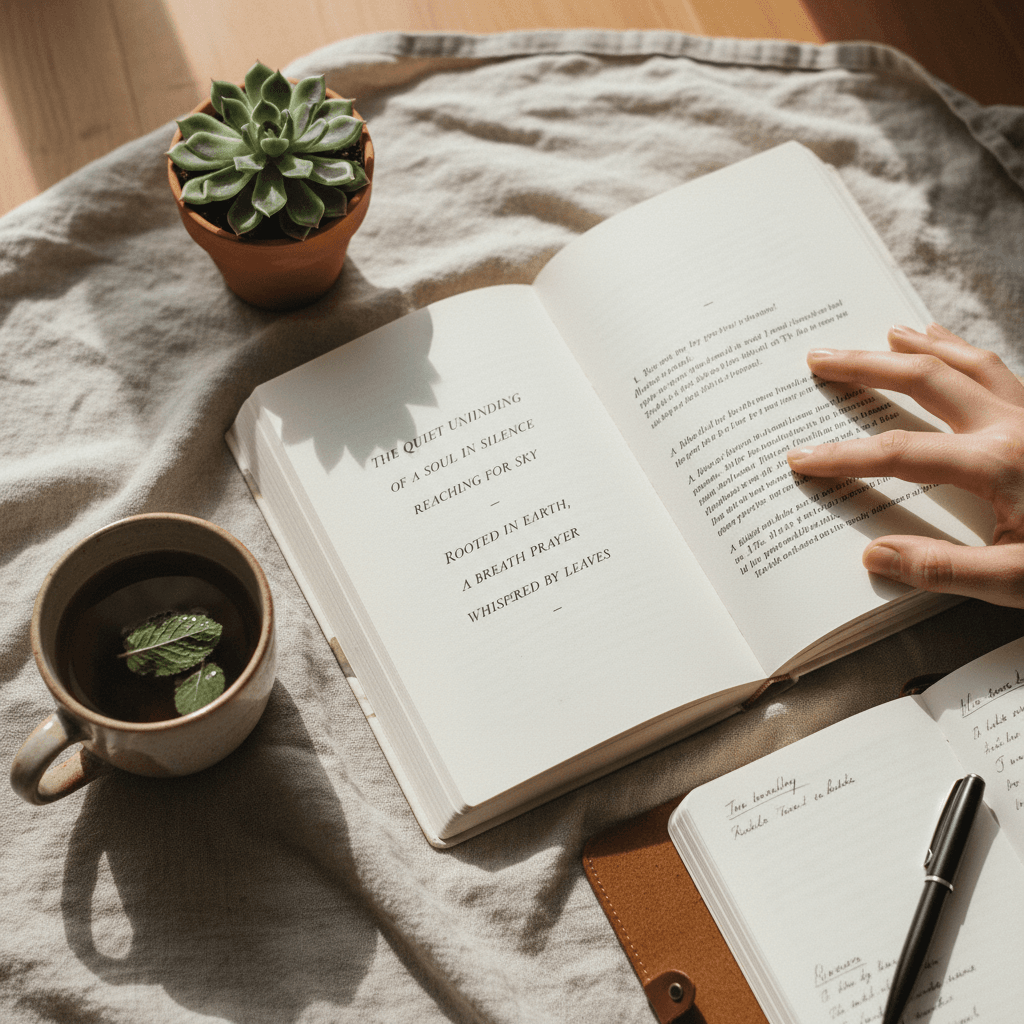 Flat lay of books, feather, and stone on linen