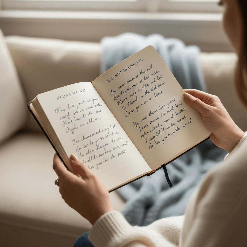 Hands holding handwritten letters tied with twine on a wooden table, soft natural light