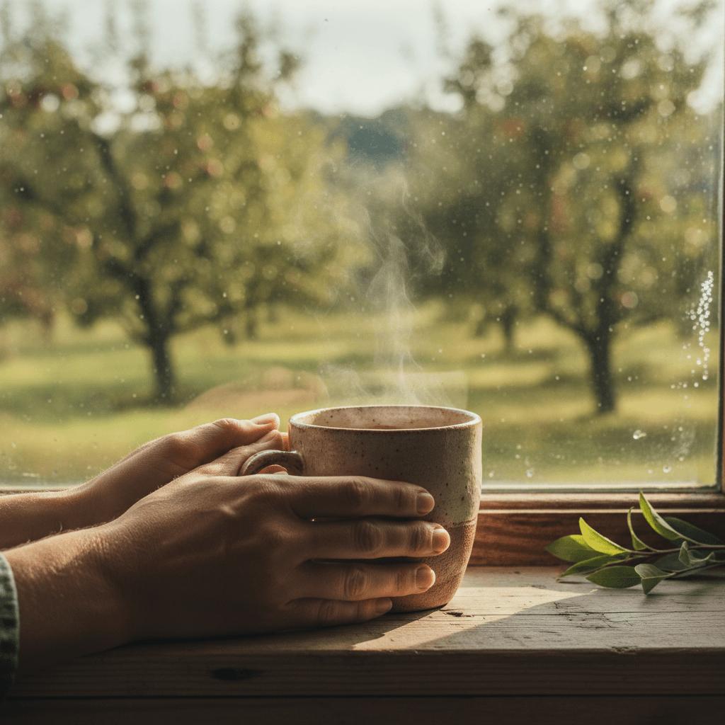 Hands holding a coffee cup with Bluffton trees in background