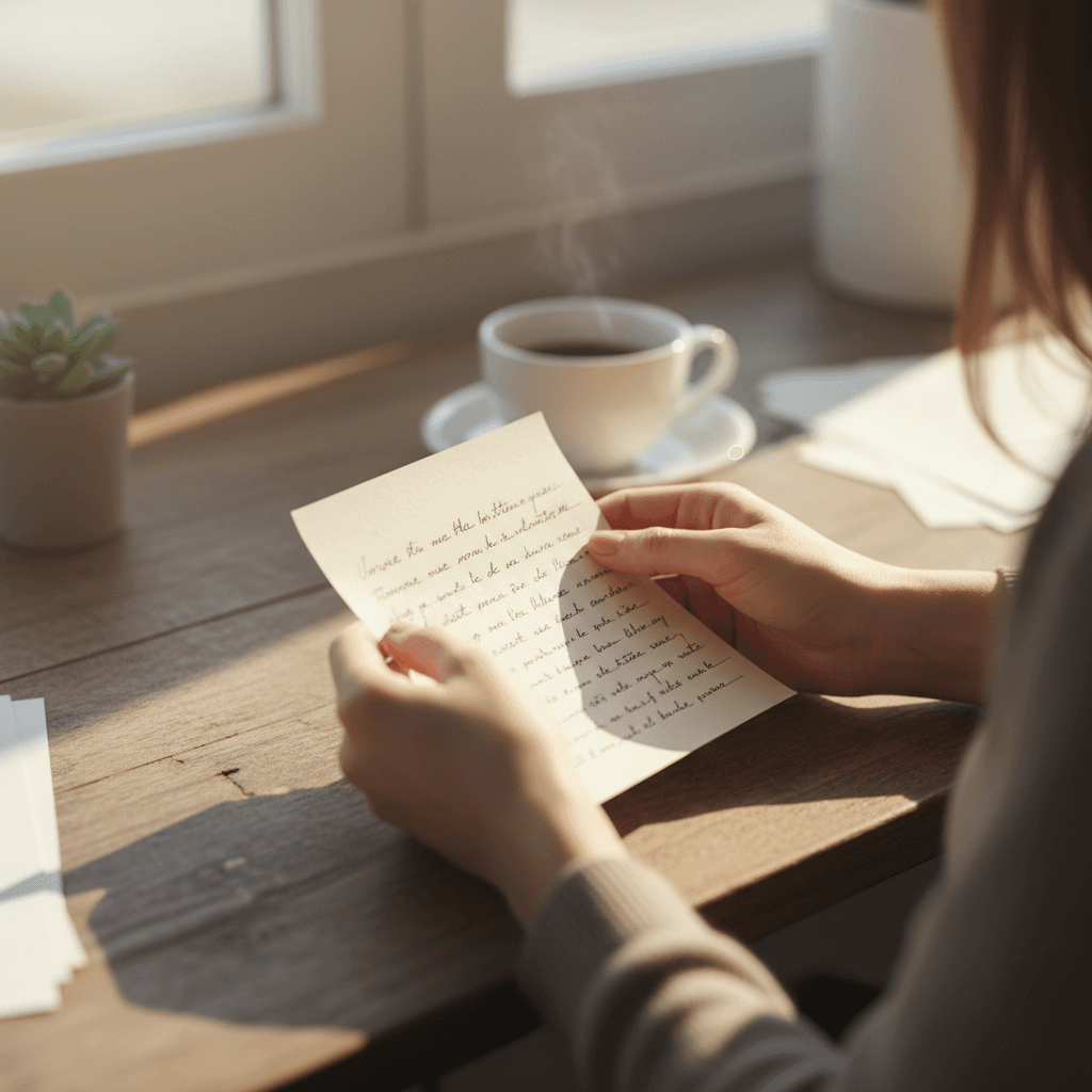 Handwritten note on a wooden table with dried lavender