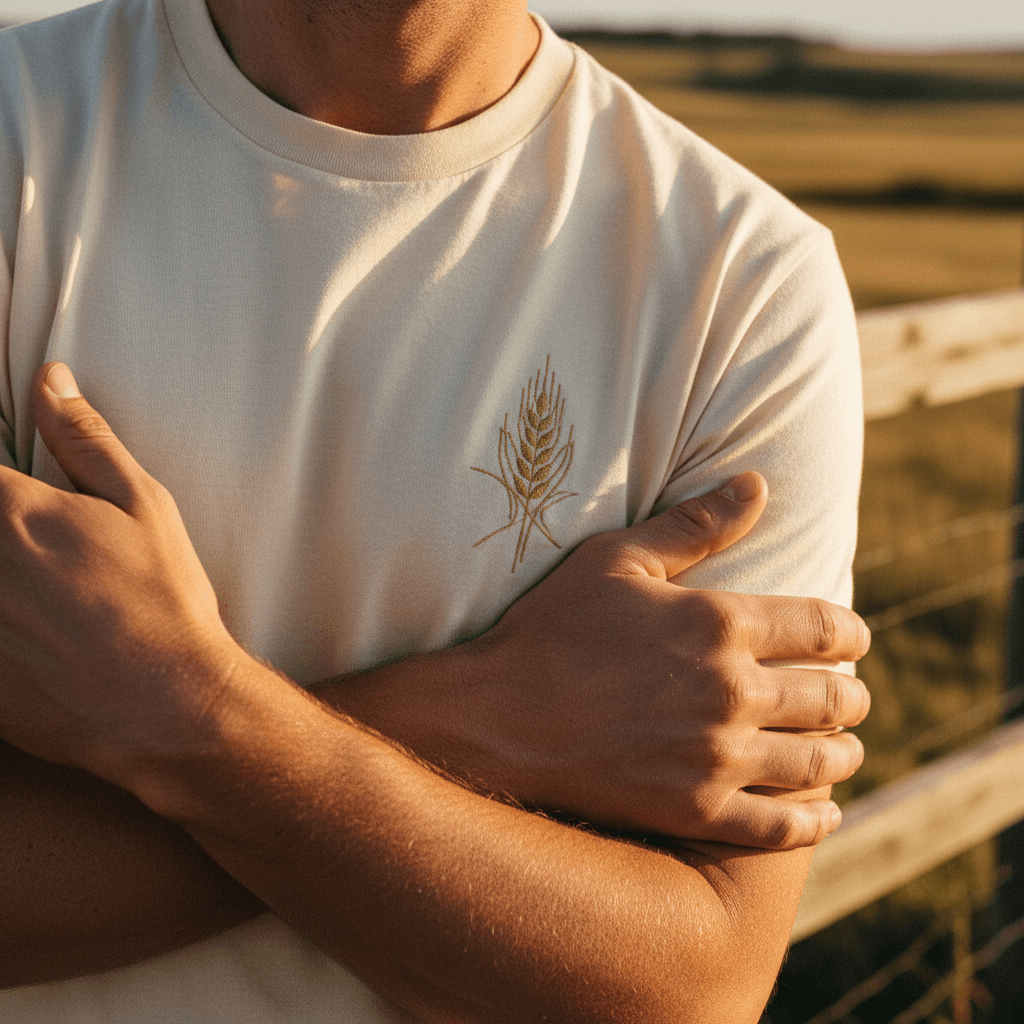 White t-shirt with a subtle design draped on a porch railing in Bluffton
