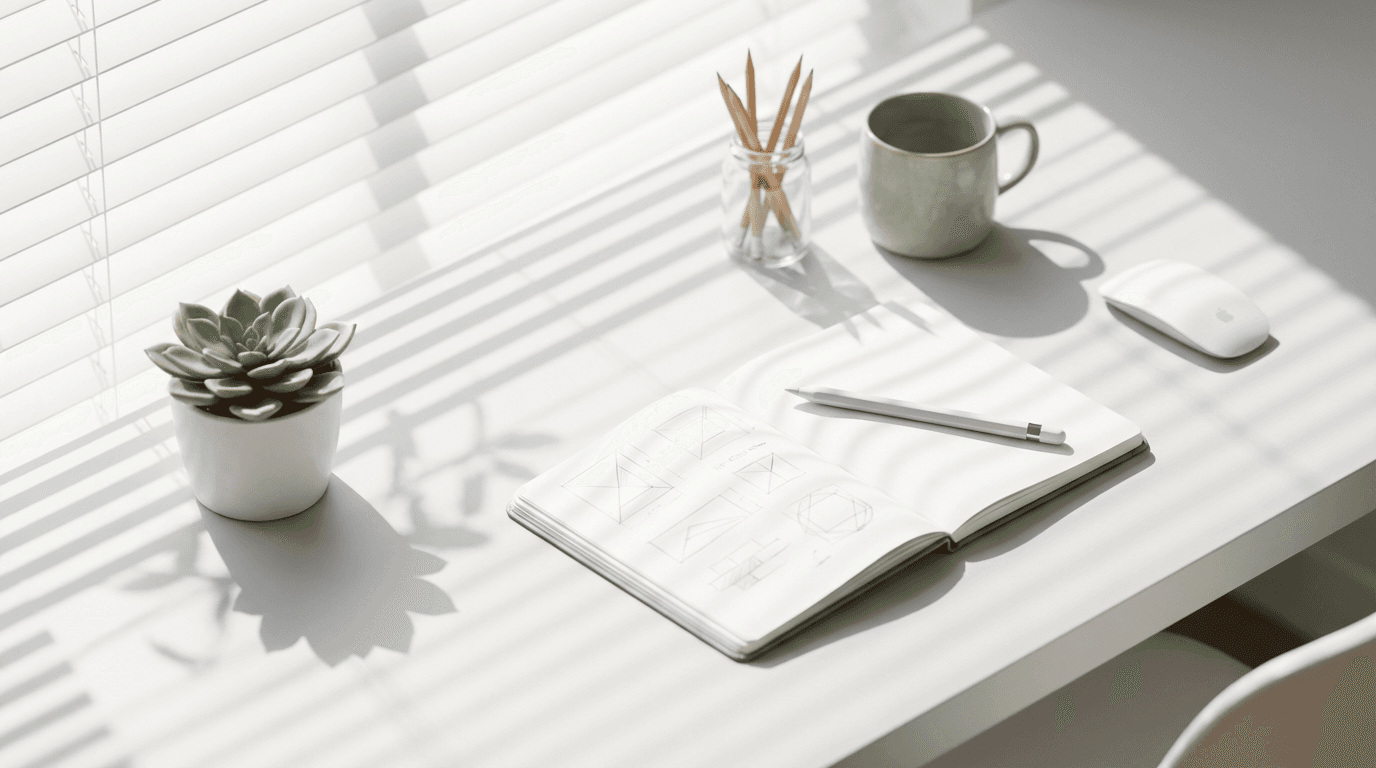 Flat lay of stickers and notepad on a wooden floor