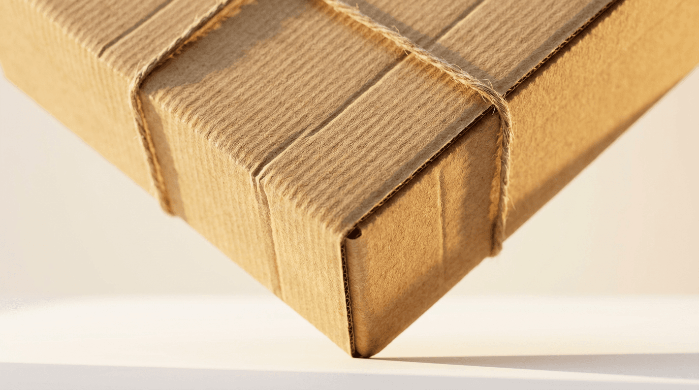 A small gift box wrapped in brown paper sits on a wooden porch, bathed in warm afternoon sunlight